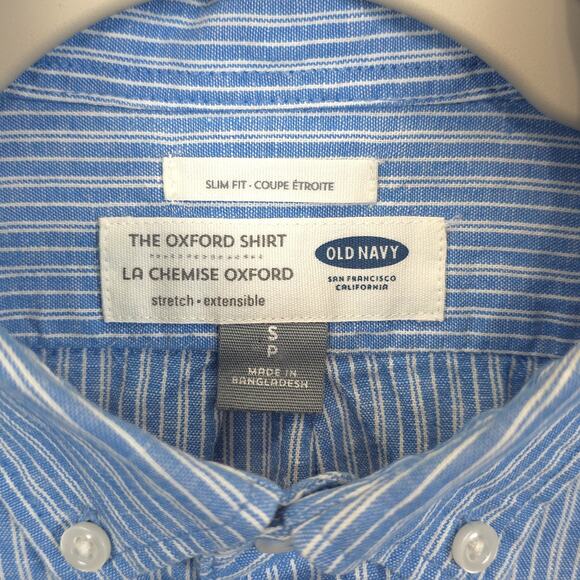 Old Navy Oxford Button Down Shirt Linen Blend Slim Fit Men S Stripe White Blue - Picture 8 of 11